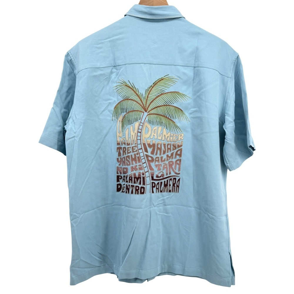 Tori Richard Camp Shirt Mens S Blue Silk Lyocell Embroidered Palm Monkey Pocket